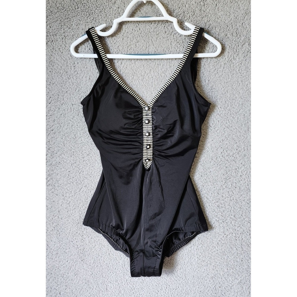 Maxine of Hollywood One Piece Swimsuit Women 12 Black Striped Trim Ruched Button